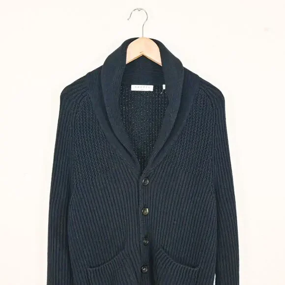 Sandro Paris Men's Shawl Collar Cardigan Sweater Heavy cotton knit Navy Small - Picture 3 of 8